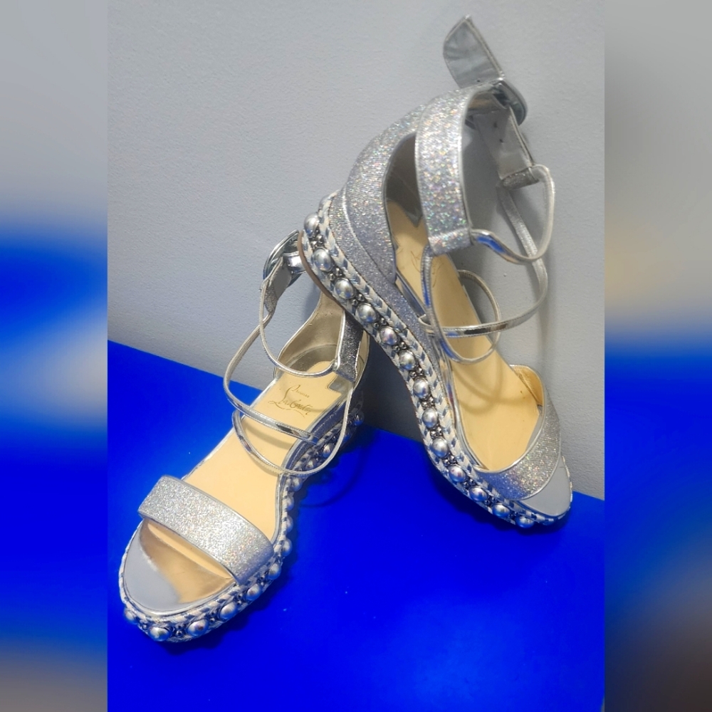 CHRISTIAN LOUBOUTIN -+Patent Leather Glitter Accents Espadrilles, Silver US (8)